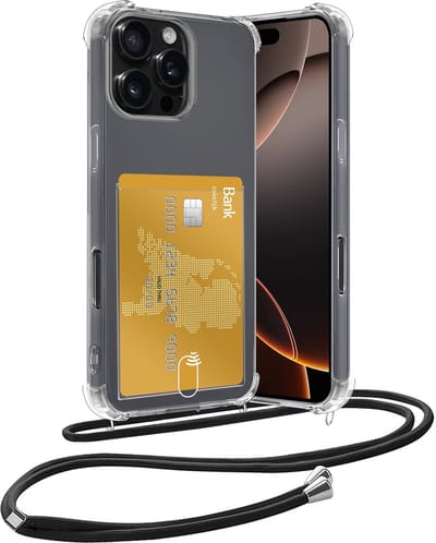 Hoesje Geschikt voor iPhone 16 Pro Hoesje Met Telefoonketting Pasjeshouder Shockproof Case Koord - Hoesje Geschikt voor iPhone 16 Pro Hoes Met Kaarthouder - Transparant