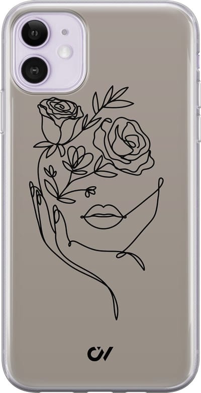 Hoesje geschikt voor Apple iPhone 11 - Oneline Face Flower - - Grijs - Apple - Casevibes