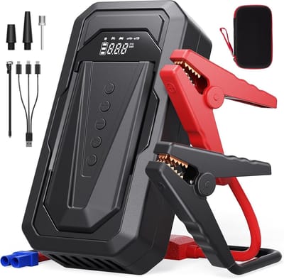 Thijox - 8-in-1 Starthulp Powerbank voor Auto's, 150 PSI Compressor, Bandendrukmonitor, 10800mAh Powerbank, LED Lamp voor Auto, Vrachtwagen, Motorfiet