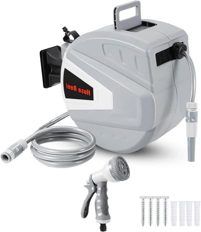Automatische tuinslanghaspel, 20 + 2 m, met wandhouder, slanghaspel met handdouche en tuinslang, 180 graden draaibaar, voor tuinirrigatie, autowassen en terrasreiniging