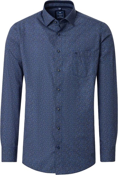 Redmond modern fit overhemd - popeline - donkerblauw met geel en lichtblauw dessin - Strijkvriendelijk - Boordmaat: 39 - 40
