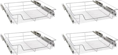 Eleganca draadmand met zijgeleider en Soft Closing - Keukenkast schuiflade – B41.5 cm, H14 cm & D44.5 cm – Uitschuifbaar keukenrek - Geschikt voor kast met frontbreedte van 50cm – Inbouwlade – Maximale belastbaarheid 20kg – RVS – Zilver - 4 Stuks