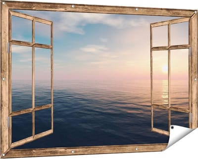 Gards Tuinposter Doorkijk Zee Water tijdens Zonsondergang - 150x100 cm - Tuindoek - Tuindecoratie - Wanddecoratie buiten - Tuinschilderij