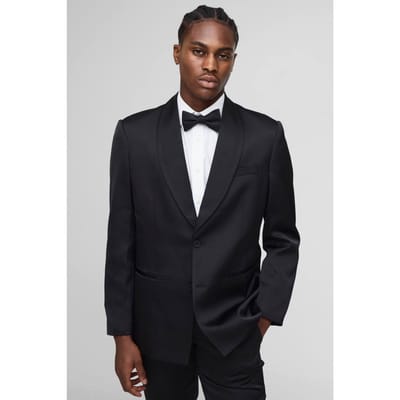 Relaxed Fit Satin Shawl Collar Blazer | Black | Size 48