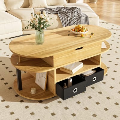 Moderne salontafel - Houtnerf & liftfunctie - Zwarte stoffen lades - Opbergruimte - Veelzijdig en praktisch - Voor woonkamer en kantoor