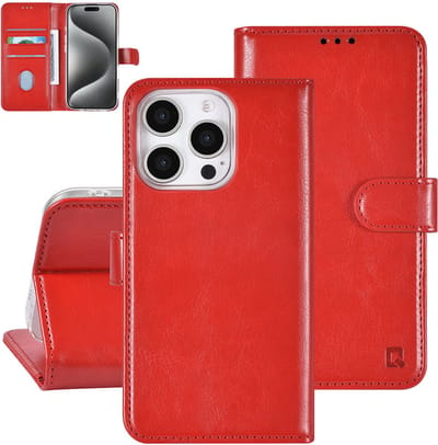 TUNIQ telefoonhoesje voor Apple iPhone 16 Pro - Boekmodel voor 3 pasjes - Magneetsluiting - Rood