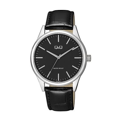 Q&Q Q59A-004PY - Horloge - Analoog - Mannen - Heren - Leren band - Rond - Metaal - Streepjes - Zwart - Zilverkleurig - 3ATM