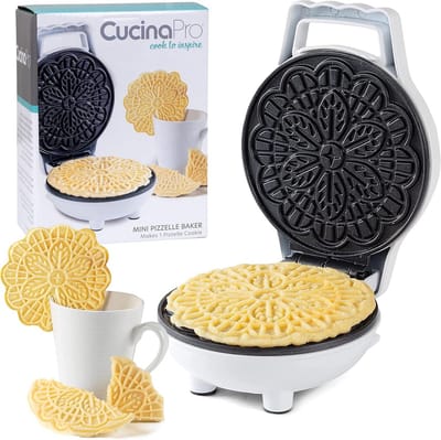 Mini Electric Pizzelle Maker - Maak in enkele minuten heerlijke traditionele Italiaanse wafels van 10 cm - Antiaanbakplaat met receptengids - Perfect als cadeau voor een huiswarming of als unieke dessert lekkernij