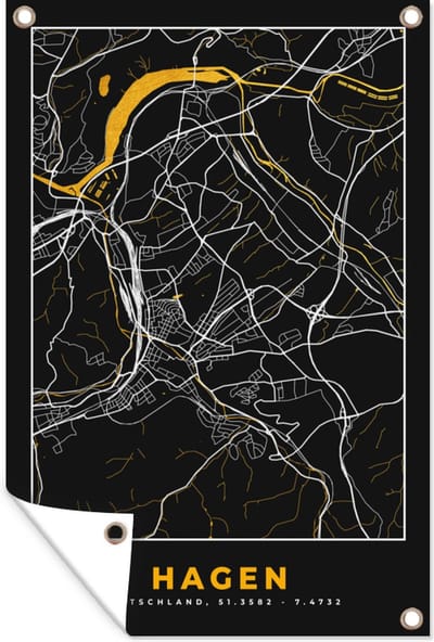 Muurdecoratie Hagen - Duitsland - Kaart - Plattegrond - Goud - Stadskaart - 120x180 cm - Tuinposter - Tuindoek