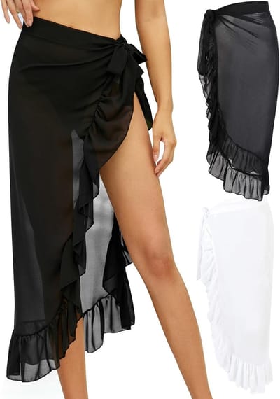 2 stuks dames pareo strand - Dames Sarong Wikkeljurk - Chiffon Semi-transparante Dames Strandbedekking - Badpakbedekking - Strandwikkeljurk - Zwart en Wit - 95*95 cm - voor poolparty's, strandfeesten en resorts - Cyslmuk®