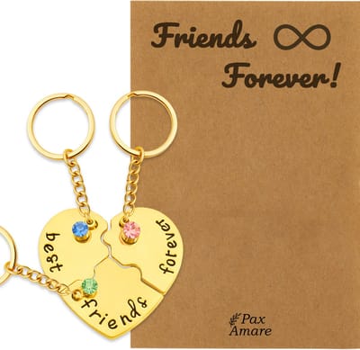 BFF Sleutelhanger voor 3 ' Friends Forever' - Hartje Puzzelstukjes & Kristal - Sleutelhanger set op Cadeau Kaartje - Goudkleurig - Vriendschap Symbool - Pax Amare