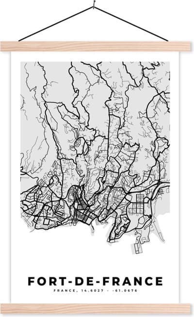 Posterhanger incl. Poster 40x60 cm - Schoolplaat - Frankrijk - Fort-de-France - Stadskaart - Plattegrond - Kaart - Textielposter - Blanke latten - Stadskaart
