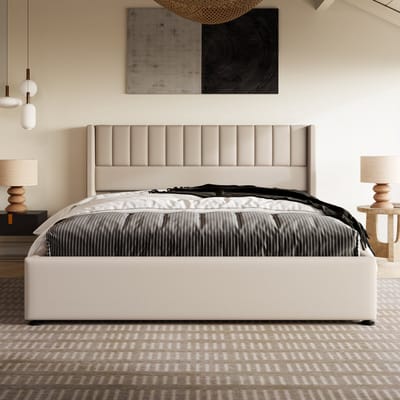 Opbergbed Dubbelbed 180x200cm - Hydraulisch, houten lattenbodem, linnen, beige (zonder matras)
