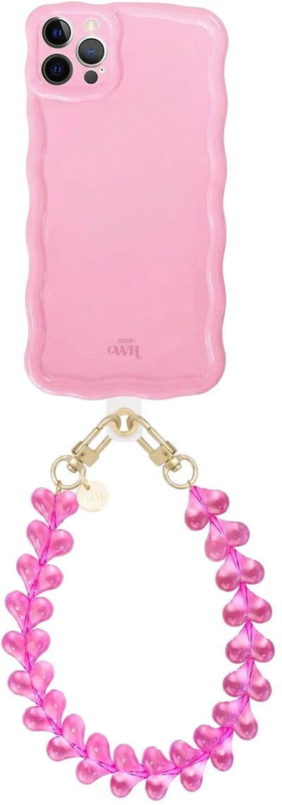 xoxo Wildhearts Glossy Wavy Case Bubble Blush - Funky Hearts - geschikt voor iPhone 12 Pro Max - hoesje met telefoonkoord - afneembaar harten koord - hartjesketting - kort telefoonkoord - hoesje met golven - Roze