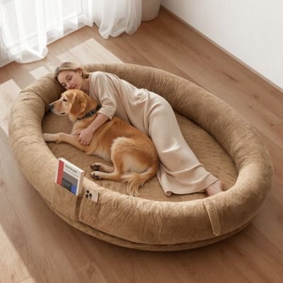 VEVOR Hondenmand voor mens en hond, 177x123x24cm, Hondenmand van traagschuim op mensenformaat, met zijvak, handvat en ritssluiting, afneembare, machinewasbare hoes, kortpolig, bruin