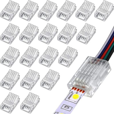 Pack van 20 Solderloze LED Strip Connectoren voor 10 mm SMD 5050 RGBW LED Strips - 5 Pin Verbinding Kabel Connector voor 5V, 12V en 24V Toepassingen