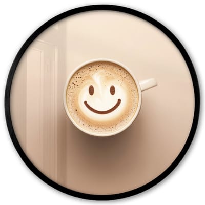 Poster in lijst Rond - Fotolijst 40x40 cm - Posters - Koffie - Melkschuim - Lach - Beige - Ronde posterlijst zwart - Decoratie - Wanddecoratie woonkamer - Muurdecoratie slaapkamer