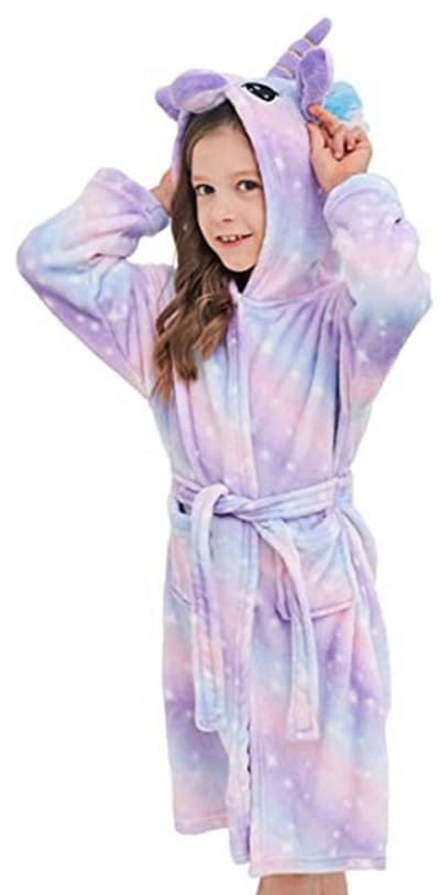 Meisjes Badjas Unicorn met zakken - Paars Roze Blauw Sterren - 104/110 - Ochtendjas meisje - Kinderbadjas - Eenhoorn - Badjas na zwemmen of douchen