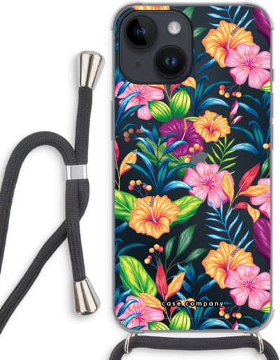 Case Company® - Hoesje met koord geschikt voor iPhone 14 hoesje met Koord - Tropisch 2 - Telefoonhoesje met Zwart Koord - Bescherming aan alle Kanten en Over de Schermrand