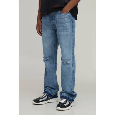 Slanke Uitlopende Jeans Met Gescheurde Knie En Toonkleurige Inzet | Light Blue | Size 28R