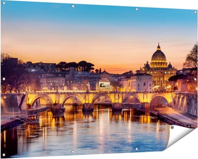 Gards Tuinposter Engelenbrug in Rome bij Zonsondergang - 150x100 cm - Tuindoek - Tuindecoratie - Wanddecoratie buiten - Tuinschilderij