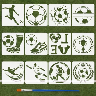 12 Stuks Voetbal Sjablonen met Borstel 15x15cm, Diverse Stijlen voor Creatief Schilderen, Sportthema en Voetbalschoenen
