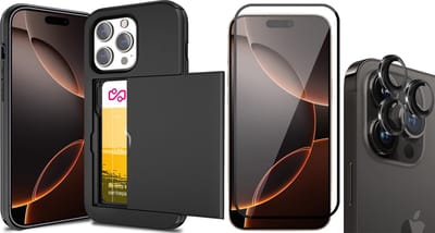 Hoesje met Pasjeshouder geschikt voor iPhone 16 Pro - Screenprotector FullGuard & Camera Lens Screen Protector Zwart - Back Cover SlideCase Zwart