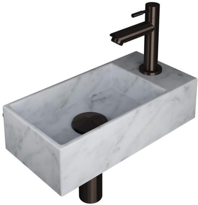 INK - Fonteinpack Marmer Links incl. Fonteinkraan - Design Sifon - Design Plug en Montageset - 360x180x90 Mm - Mat Wit Marmer/metal Black