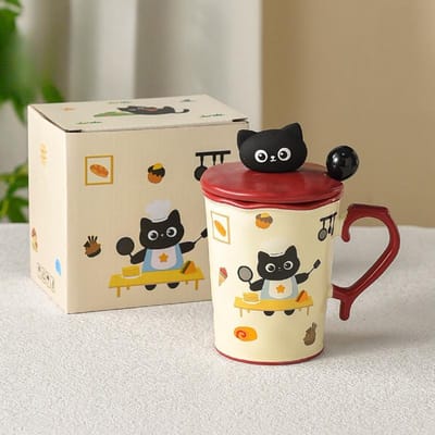 Schattige Kat Keramische Kop Mok met Deksel en Lepel voor Meisjes met Hoog Uiterlijk Design Niche Kantoor Waterkop 480ml black