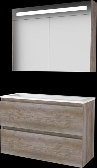 Basic Premium 39 badmeubelset met spiegelkast met geïntegreerde LED verlichting, greeploze wastafelonderkast met 2 lades en acryl wastafel met 1