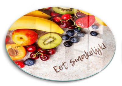 Wallfluent Glazen Snijplanken - Fruit, Eet smakelijk! Snijplanken Glas - fi30 cm - Veelkleurig Snijplanken van Glas - Glazen Keukenplank - Decoratieve Glazen Snijplank - Glazen Snijplank met Antislip