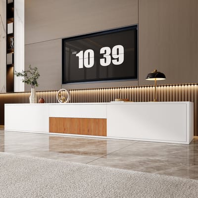 OKWISH Tv Meubel - Uittrekbaar En Verstelbaar Projectorplateau - Staand Of Wandmontage - Spaanplaat Wit - 180x34x30 Cm