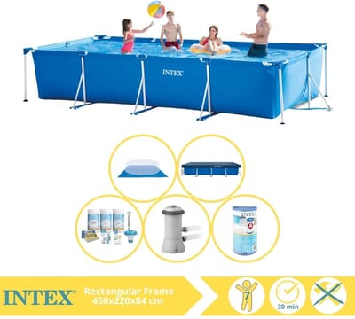 Intex Rechthoekig Frame Zwembad - 450 x 220 x 84 cm - Blauw - Inclusief Afdekzeil - Onderhoudspakket - Zwembadfilterpomp - Filter - Grondzeil - 6-delig