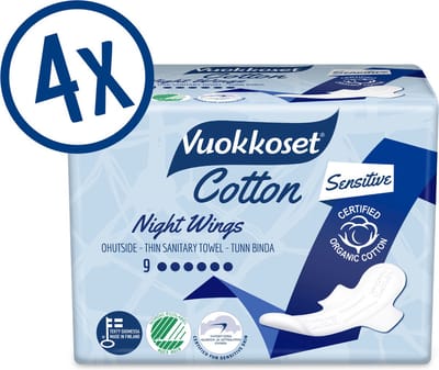 Vuokkoset Nacht Maandverband met Vleugels - Biologisch Katoen - 36 stuks - Comfortabel - Geschikt voor Gevoelige Huid - Dermatologisch Getest
