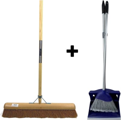 Synx Tools Coco bezem 60cm en Stoffer en Blik met lange steel 95 cm- Bezemset - Cocosharen - Zaalveger - stoffer - Kunststof - Hotel Stoffer Blik set - Stoffer en blik sluitend model - Schoonmaakartikelen