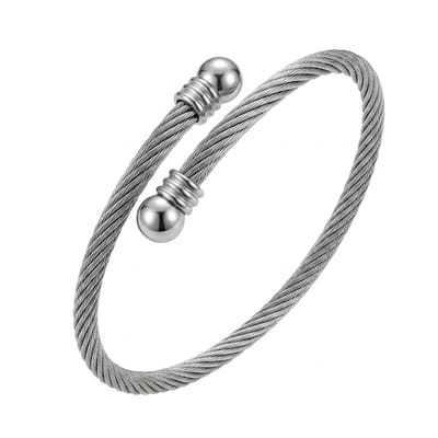 Zilverkleurige bangle armband voor dames – metalen armband met draaddesign en bolletjes