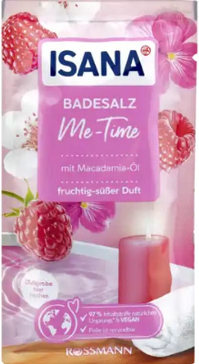 Badzout Me-Time - Isana - Zoet Bubbelbad | 1x 80g - Framboos - met Macademia-olie | Vegan - Natuurlijk Zeezout