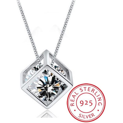 Collier ras du cou en argent sterling 925 avec pendentif en forme de cube et zircone cubique, chaîne à maillons de 45 cm, cadeau pour femme, S-N76 white