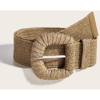 Ceinture de taille tressée pour femme Vintage Bohème PP Fausse Paille Large Longue Ceinture Ceinture de taille pour femme Boucle Ronde Carrée Robe Décorative 100cm beige