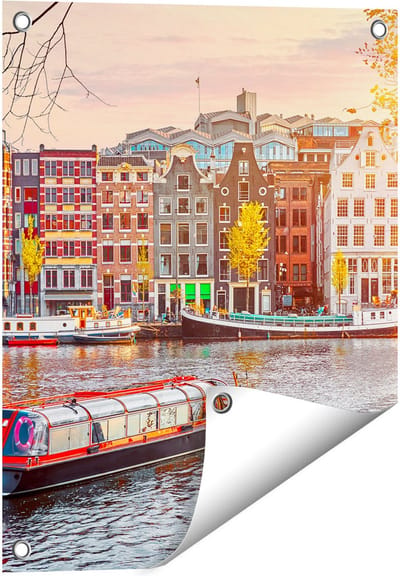 Gards Tuinposter Amsterdamse Huisjes vanaf de Grachten - 40x50 cm - Tuindoek - Tuindecoratie - Wanddecoratie buiten - Tuinschilderij