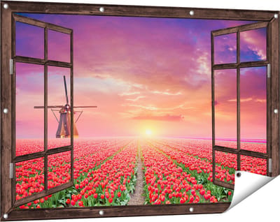 Gards Tuinposter Doorkijk Rode Rozen Bloemenveld met een Windmolen - 120x80 cm - Tuindoek - Tuindecoratie - Wanddecoratie buiten - Tuinschilderij