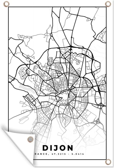 Muurdecoratie Frankrijk - Dijon - Plattegrond - Stadskaart - Kaart - Zwart wit - 120x180 cm - Tuinposter - Tuindoek