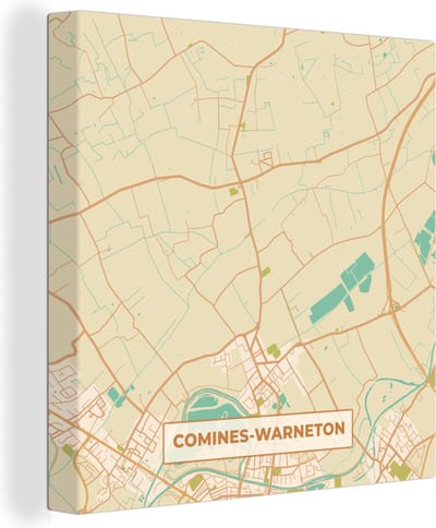 Canvas Schilderij Kaart - Stadskaart - Plattegrond - Comines-Warneton - Vintage - 20x20 cm - Wanddecoratie