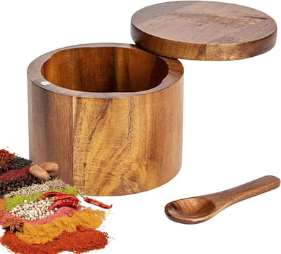 Houten zoutcontainer met magnetisch draaideksel en lepel - Opbergdoos voor zout, kruiden en specerijen - Rustieke keukenaccessoires, 9x9x7cm, ideaal voor kookliefhebbers