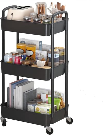 3-laags kunststof rolwagen met handvat-multifunctionele opbergwagen voor kantoor-woonkamer-keuken-opbergkar-zwart-stellingkast-opbergrek op wielenopbergtrolley-opbergrek metaal