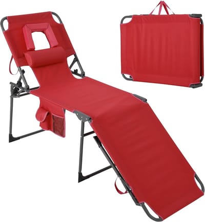 Rood - ligstoel met gezichtsopening - 200x59x60 cm, opvouwbaar en 5-voudig verstelbaar, met kussen en zijvak voor strand, tuin en zwembad