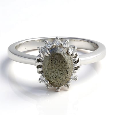 Cavill - Elegante Zilveren Ring - 925 Sterling Zilver - Labradoriet 1,05 ct Ovaal uit Madagaskar - 10 Witte Topaas 0,118 ct - Maat 17