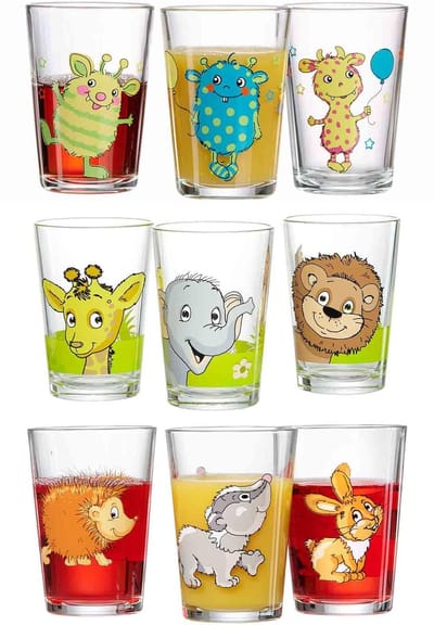 & Breker Kinderbekers met motieven, set van 9, 205 ml, vaatwasmachinebestendige kinderglazen, monstertjes, jungledieren, bosdieren, kleurrijke diermotieven
