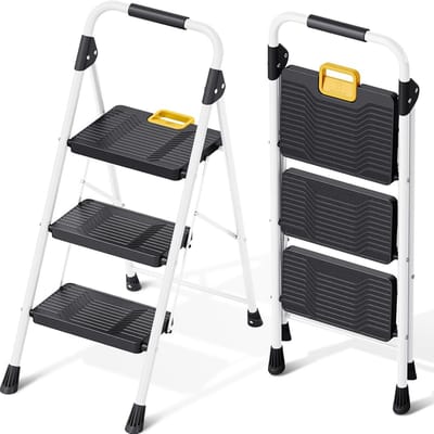 Opvouwbare Ladder - Huishoudladder Trapladder - Veilig Klussen - Brede Antislip Pedalen - 3 Trede - Wit