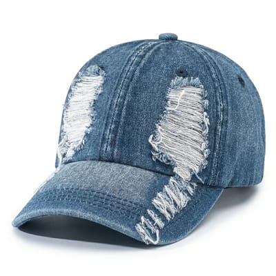 Blauw distressed denim baseball pet dames en heren – cap met gescheurde jeans look en gebogen klep – verstelbare vintage baseball pet met washed effect – unisex casual pet voor streetwear